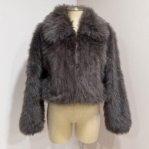 Jason Wu Dark Grey Faux Fur Short Coat Jacket / Bomber Jacket Size S New $228